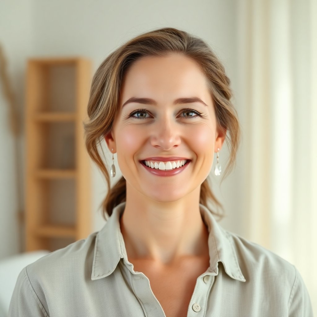 Professional friendly female therapist in her 40s, smiling warmly, wearing a simple linen shirt, soft natural lighting, wellness studio background, high quality portrait photography.