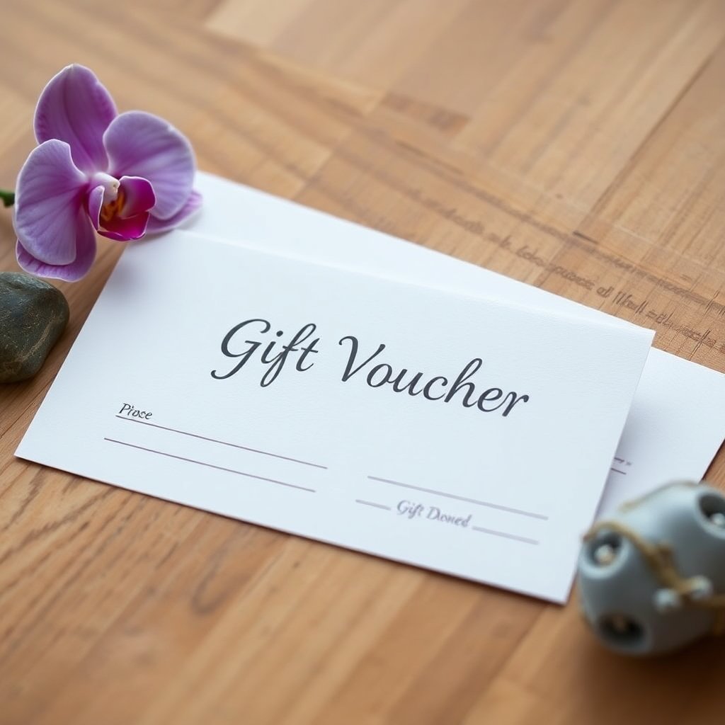 Elegant gift voucher card on a wooden table next to a small orchid and a stone, minimalist design, premium paper texture, soft lighting, professional photography